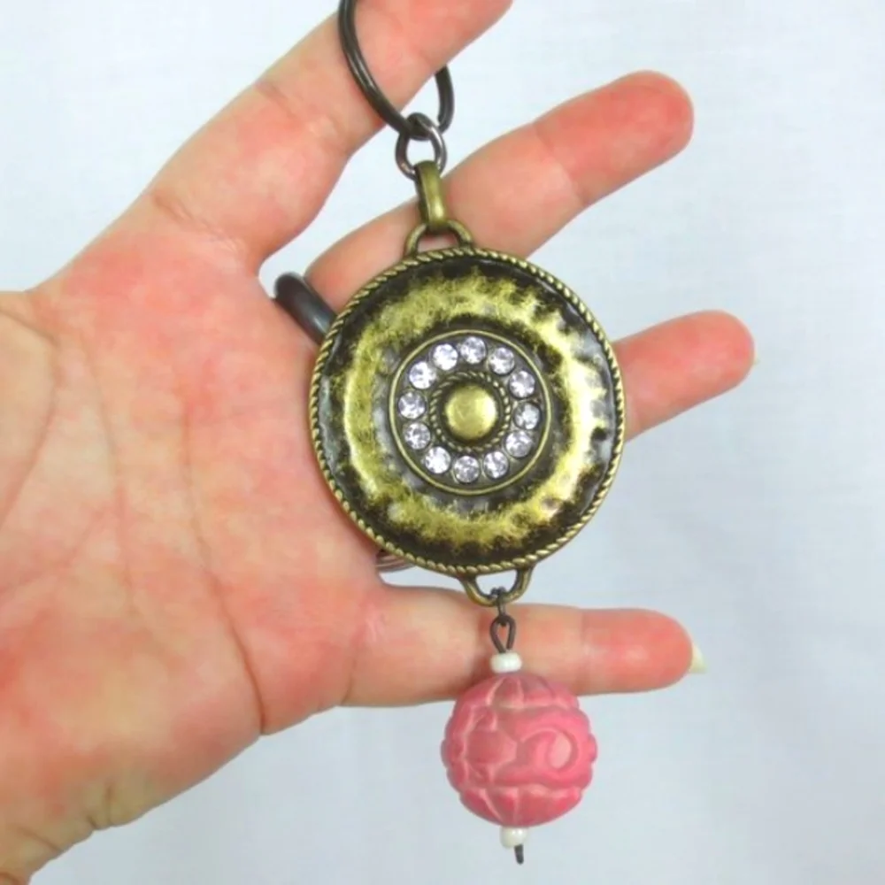 New Handmade Keychain Bag Charm Beaded Boho Antique Brass Rhinestones Faux Gem
